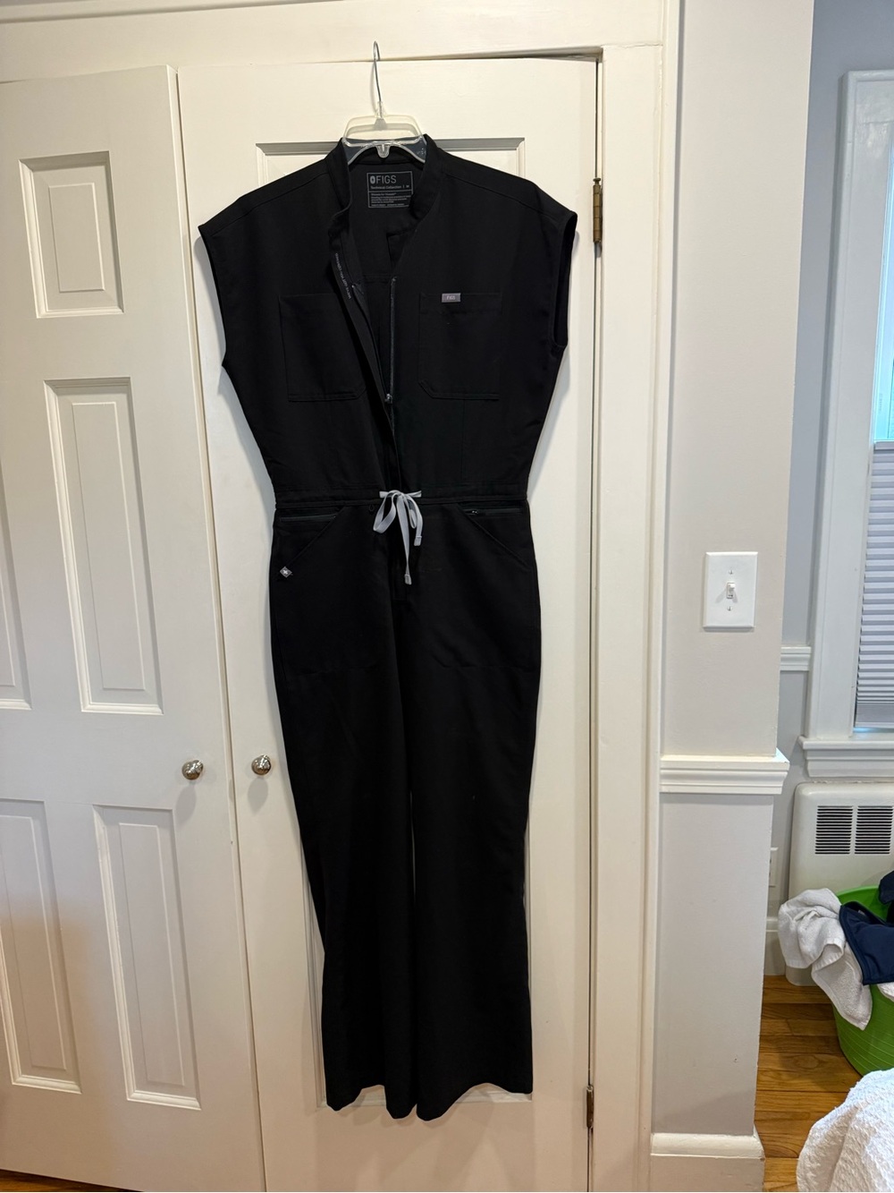 Figs Black Zip-Front Utility Jumpsuit with Drawstring Waist